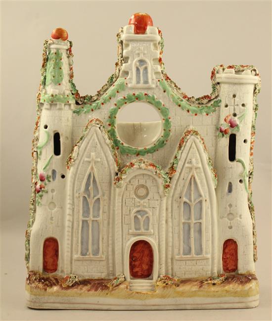 A Staffordshire porcelaneous church shaped watch stand, mid 19th century, 31cm